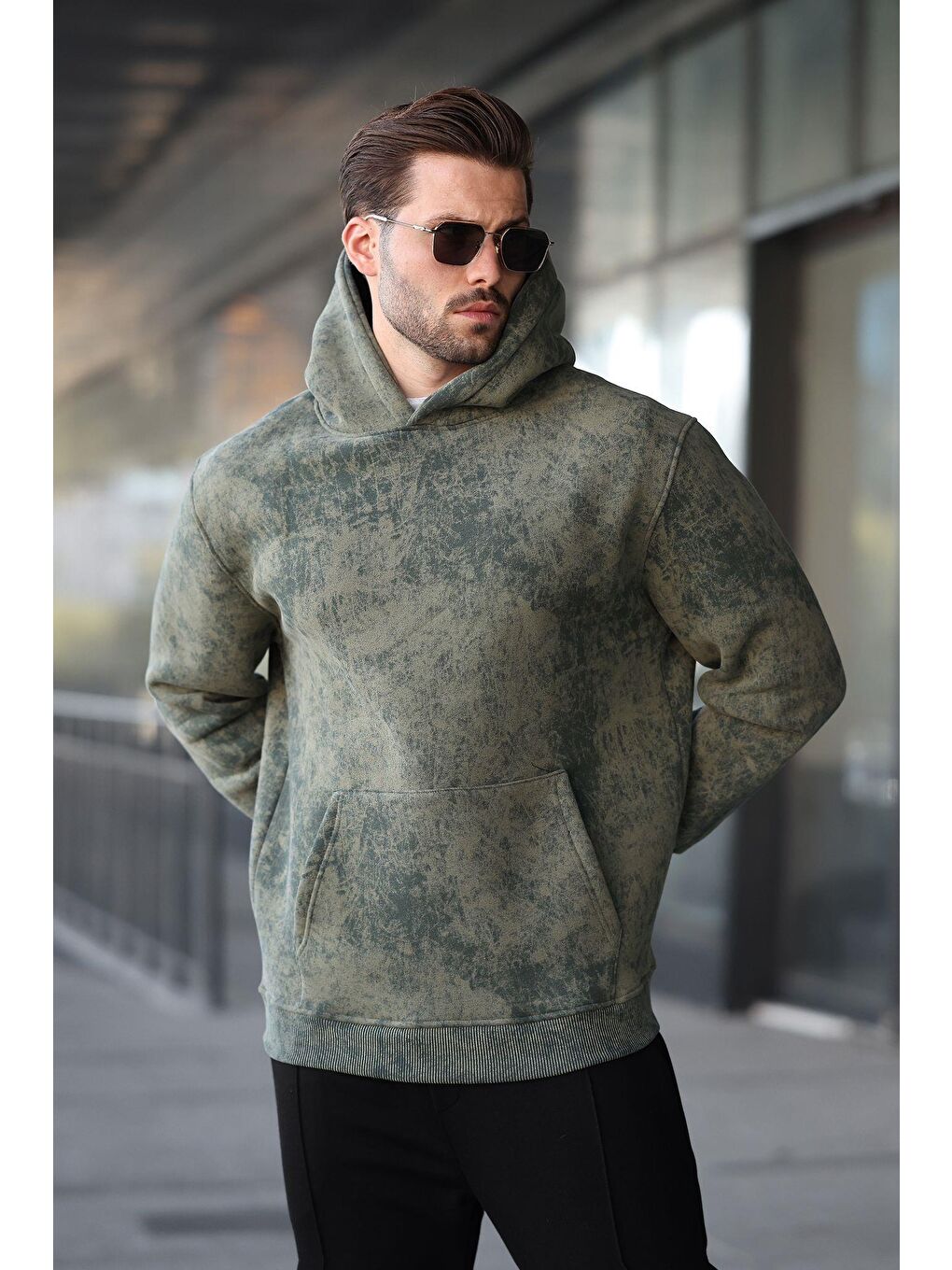 Haki Desenli Kapüşonlu Erkek Sweatshirt E7167