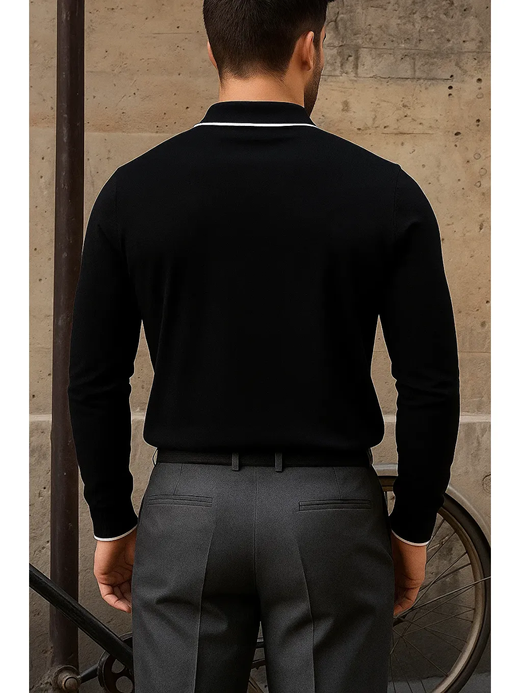 Erkek Günlük Çizgili Trend Siyah Polo Yaka Kazak-5