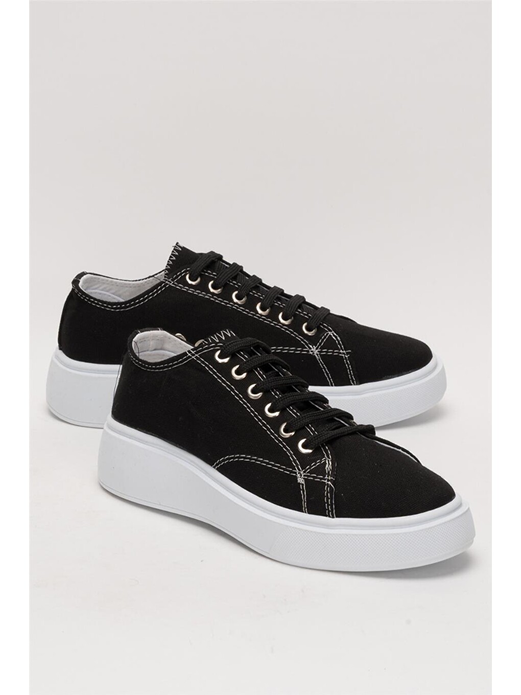 Siyah Kadın Rahat Kalıp Kalın Taban Keten Sneakers Sİyah-1