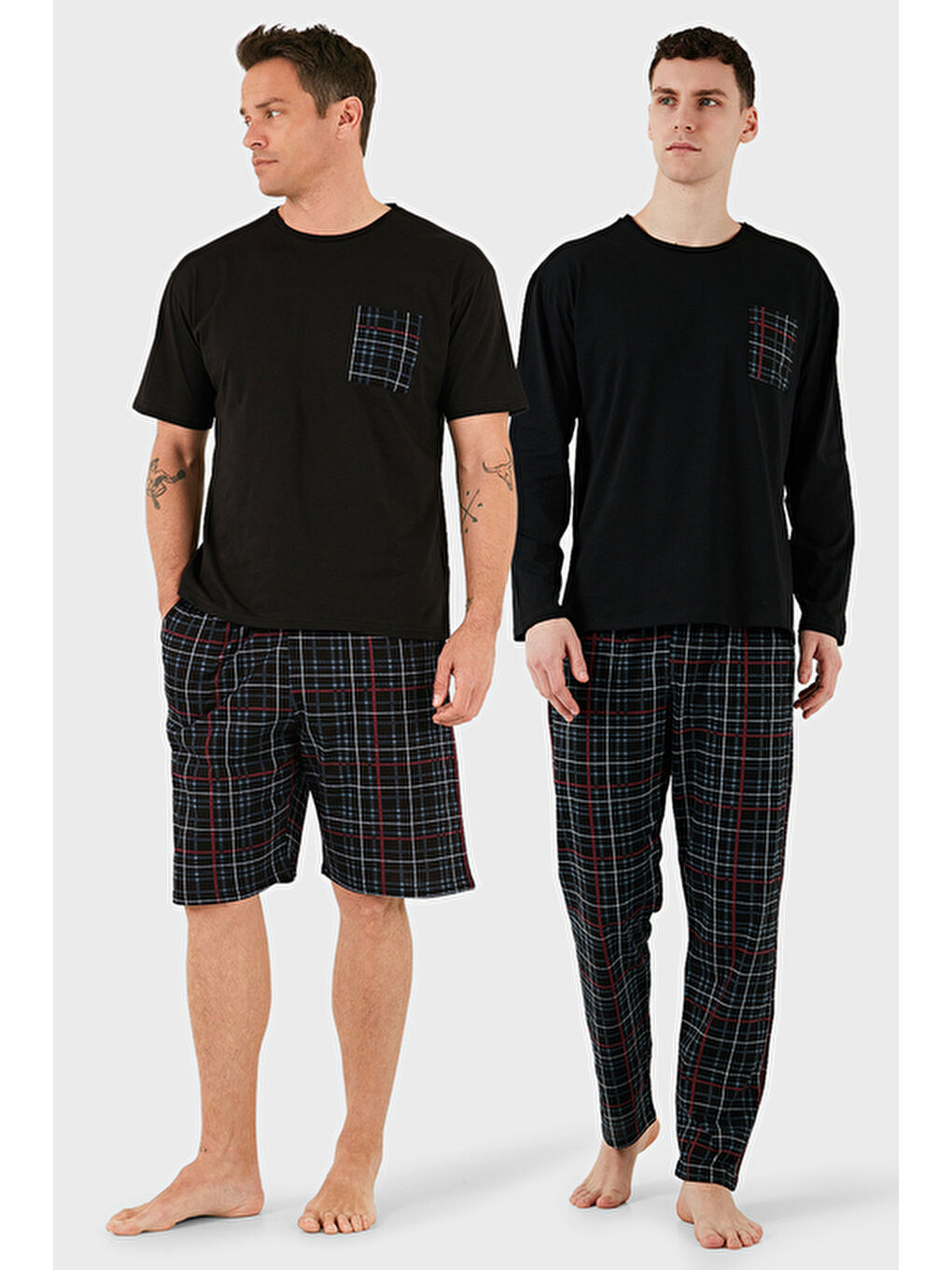 Siyah Pamuklu Regular Fit Kareli 2'li Paket Pijama Takımı 657200120S2