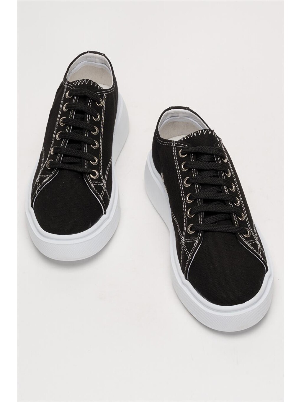 Siyah Kadın Rahat Kalıp Kalın Taban Keten Sneakers Sİyah-5