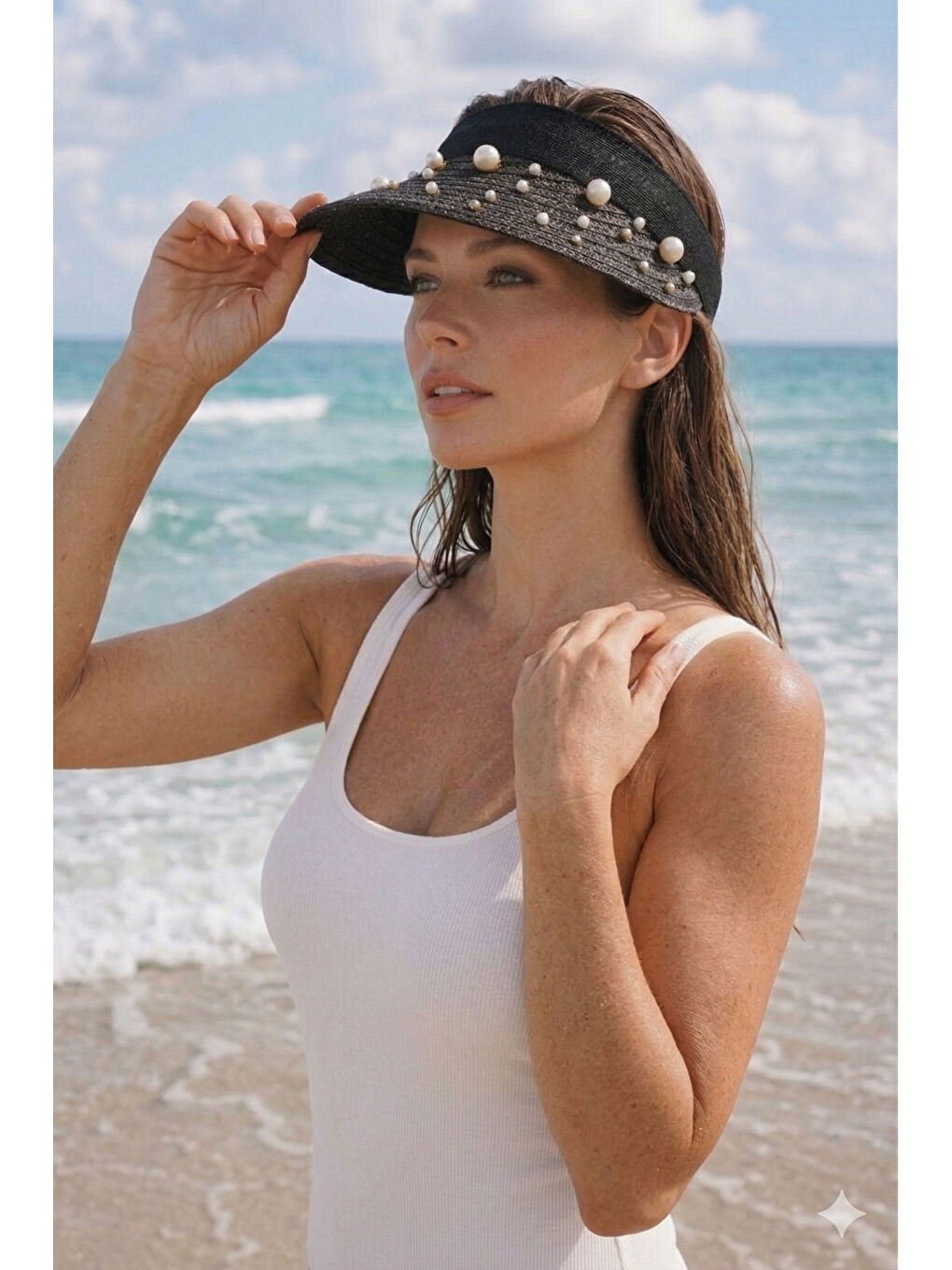 Kadın Siyah Hasır İncili Vizör Şapka Yazlık Plaj Şapkası HSR2135 SIYAH-1