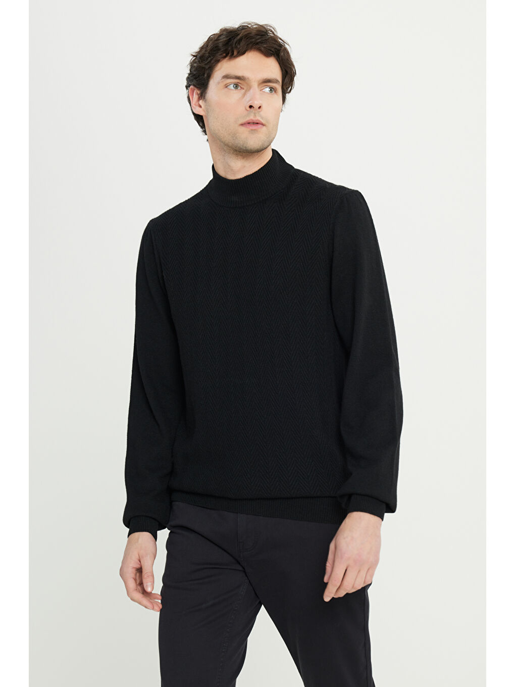 Erkek Siyah Standart Fit Normal Kesim Yarım Balıkçı Yaka Jakarlı Yün Triko Kazak-2