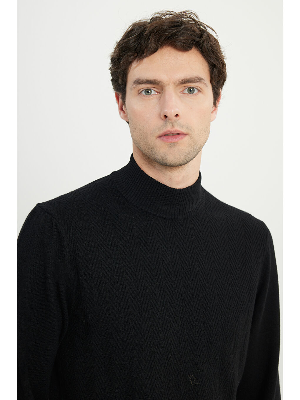 Erkek Siyah Standart Fit Normal Kesim Yarım Balıkçı Yaka Jakarlı Yün Triko Kazak-3