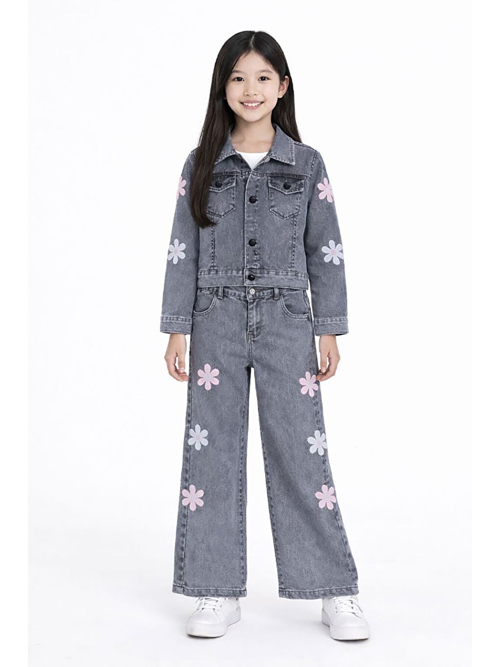 Gri Füme Çiçek Desenli Düğmeli Ceketli Jean Pantolonlu Kız Çocuk Jean Takım 23736-1