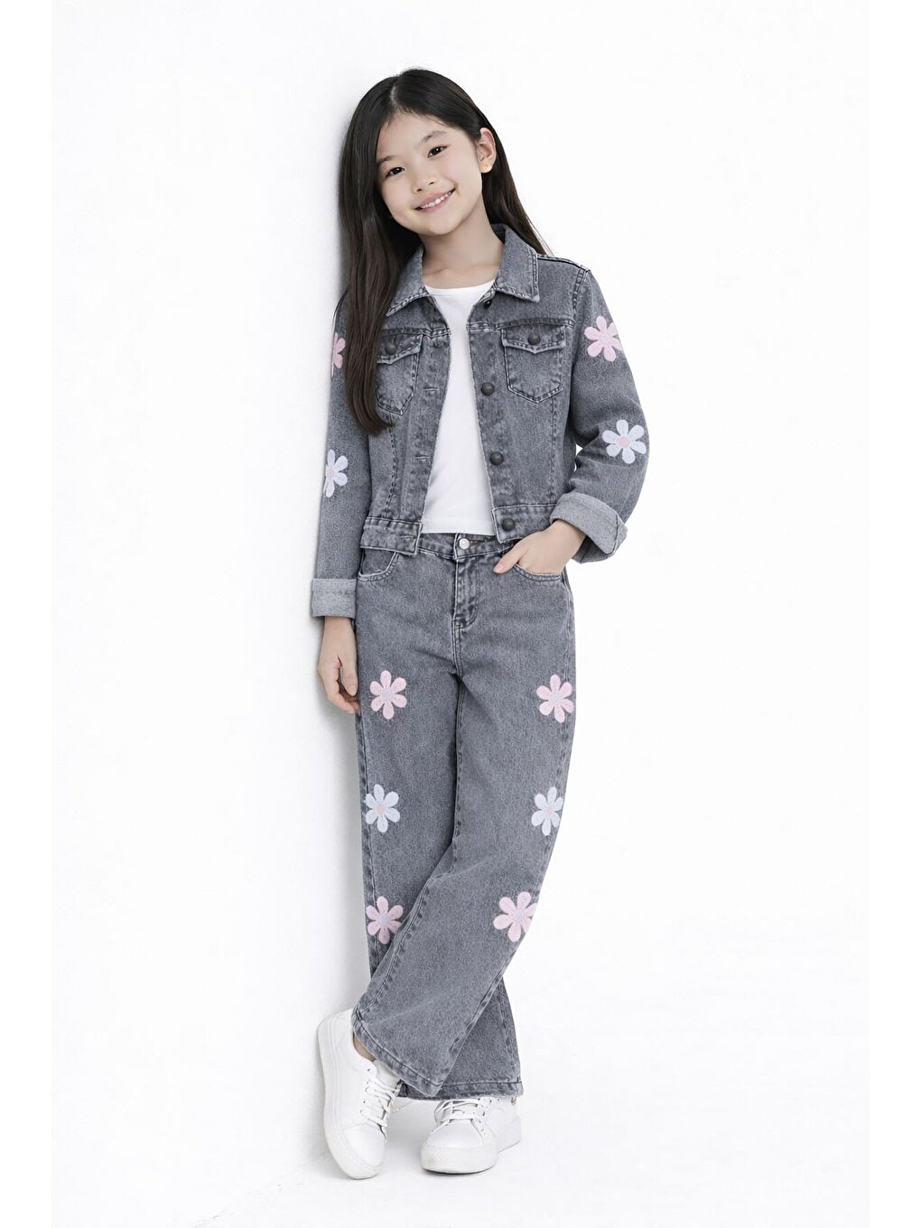 Gri Füme Çiçek Desenli Düğmeli Ceketli Jean Pantolonlu Kız Çocuk Jean Takım 23736-2