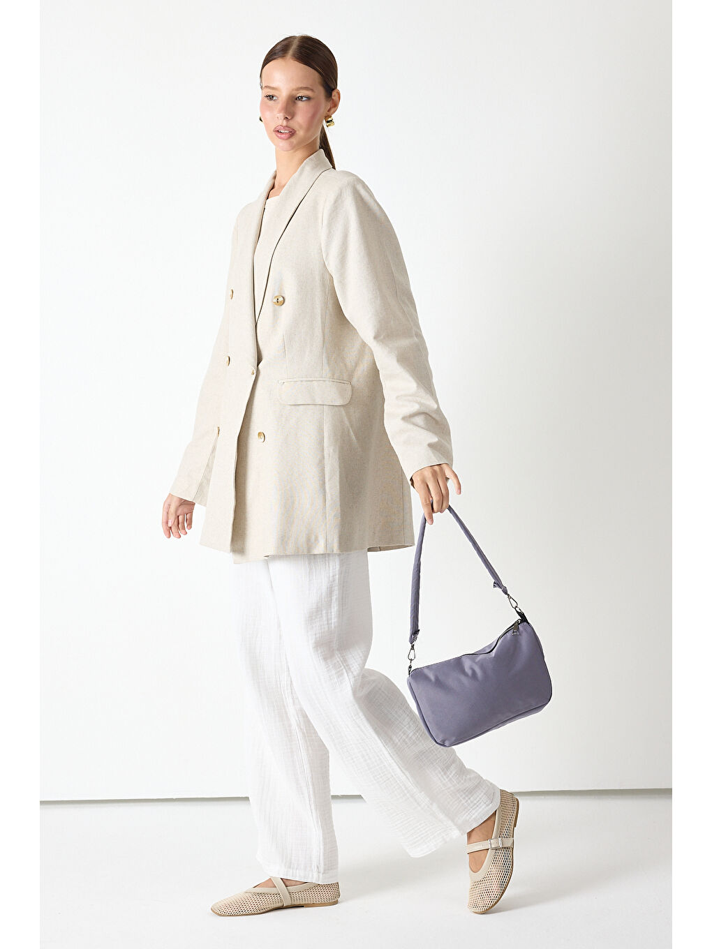 Kadın Gri Minimal Tasarım Kumaş Baget Omuz Çantası-1