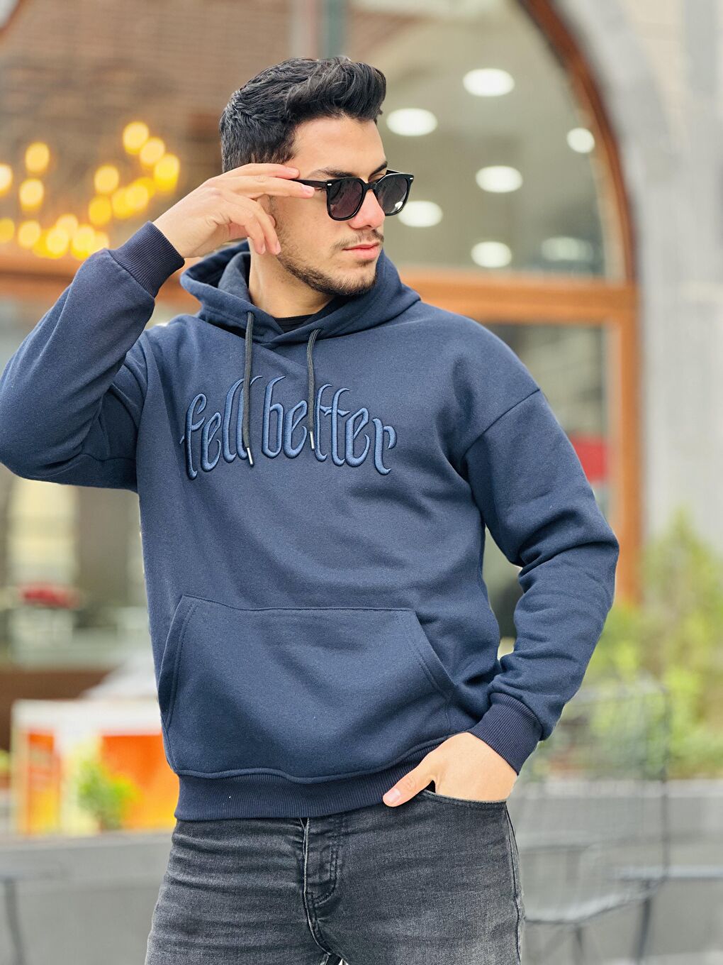 Miron Lacivert Fell Better Nakışlı Kapüşonlu Üç İplik Oversize Sweatshirt