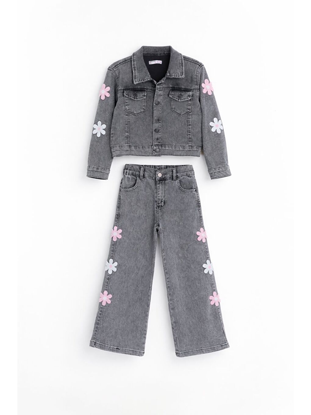 Gri Füme Çiçek Desenli Düğmeli Ceketli Jean Pantolonlu Kız Çocuk Jean Takım 23736-4