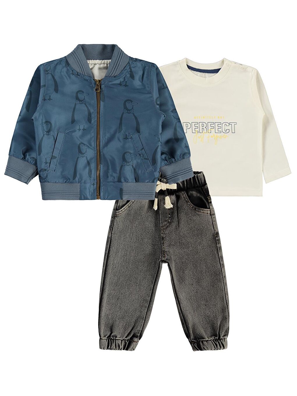 Penguen Baskılı Pilot Ceketli 3'lü 6-18 Ay Takım - Mavi 6-9 Ay