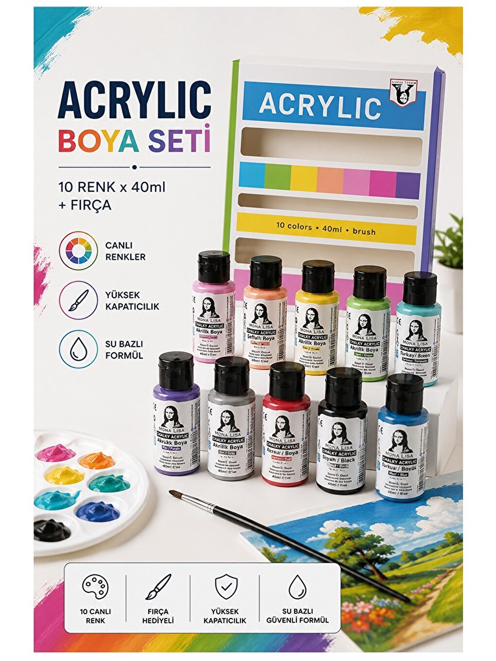 Chalk Akrilik Boya 10 Renk 40 Ml Fırça Hediyeli 1 Paket Monalisa Akrilik Boya Resim Dersi Tuval Ahşa