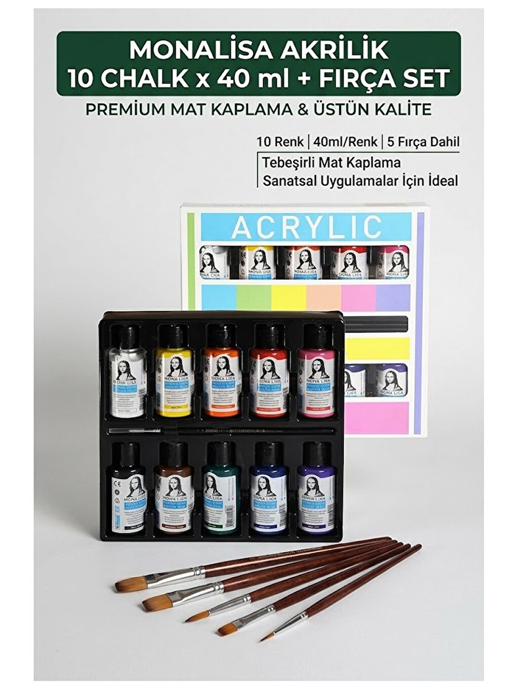 Chalk Akrilik Boya 10 Renk 40 Ml Fırça Hediyeli 1 Paket Monalisa Akrilik Boya Resim Dersi Tuval Ahşa-2