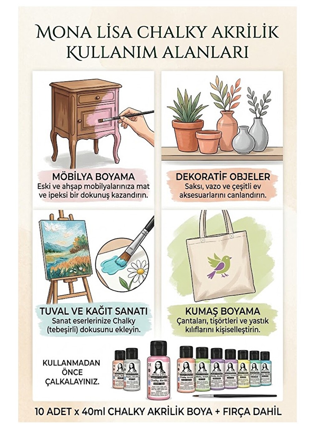 Chalk Akrilik Boya 10 Renk 40 Ml Fırça Hediyeli 1 Paket Monalisa Akrilik Boya Resim Dersi Tuval Ahşa-3