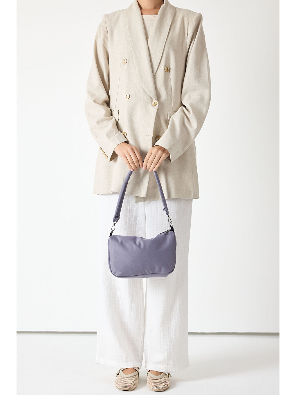 Kadın Gri Minimal Tasarım Kumaş Baget Omuz Çantası-3