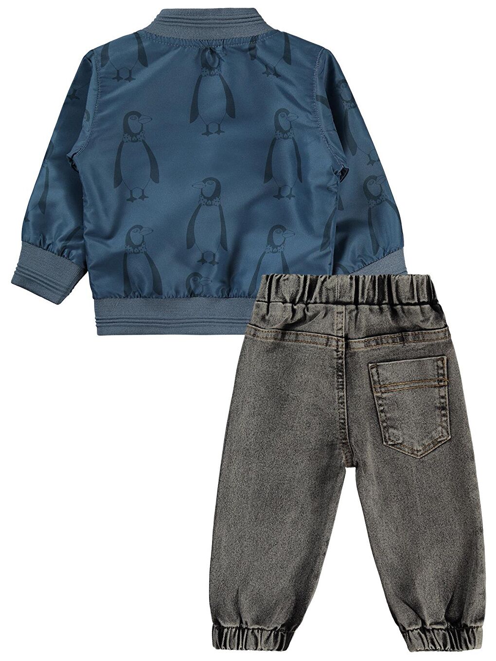 Penguen Baskılı Pilot Ceketli 3'lü 6-18 Ay Takım - Mavi 6-9 Ay-2