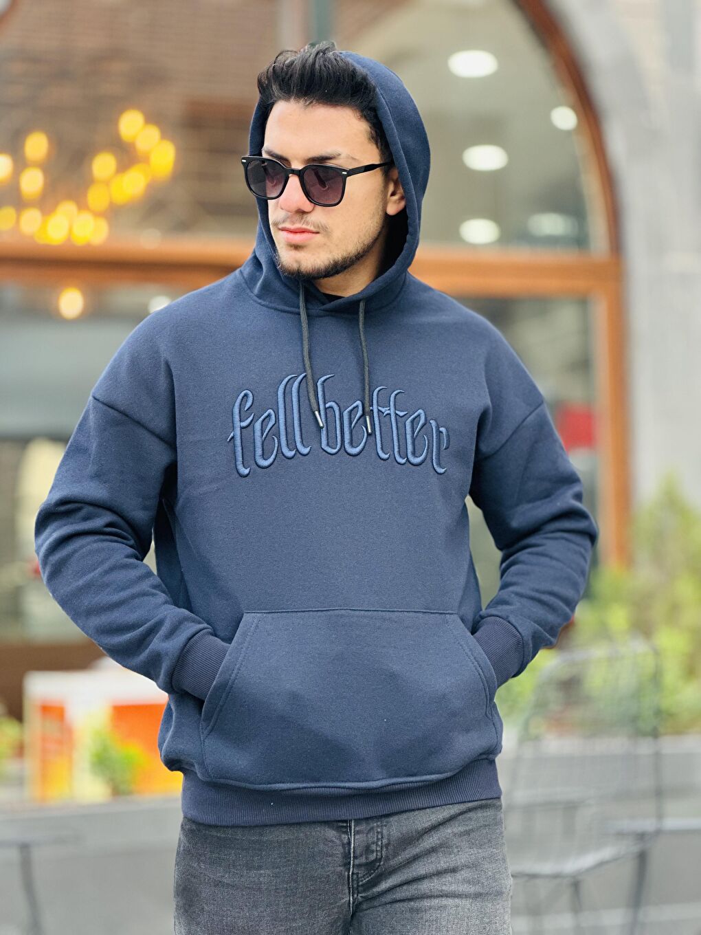 Miron Lacivert Fell Better Nakışlı Kapüşonlu Üç İplik Oversize Sweatshirt - 1