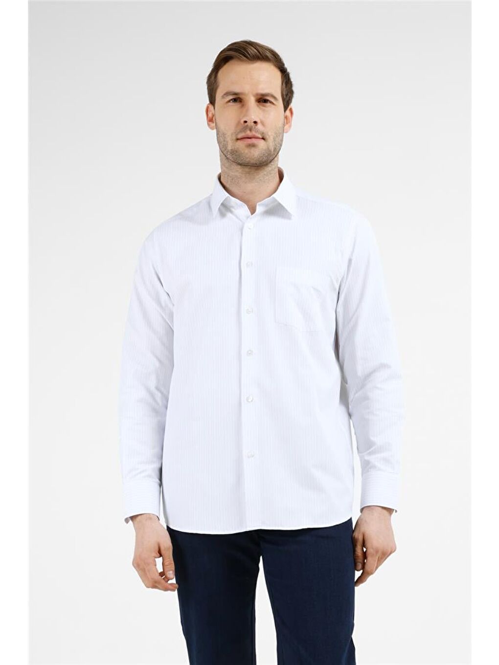 Beyaz - Mavi Çizgili Desen Sert Yaka Uzun Kol Cepli Comfort Fit Pamuklu Gömlek 1004255274