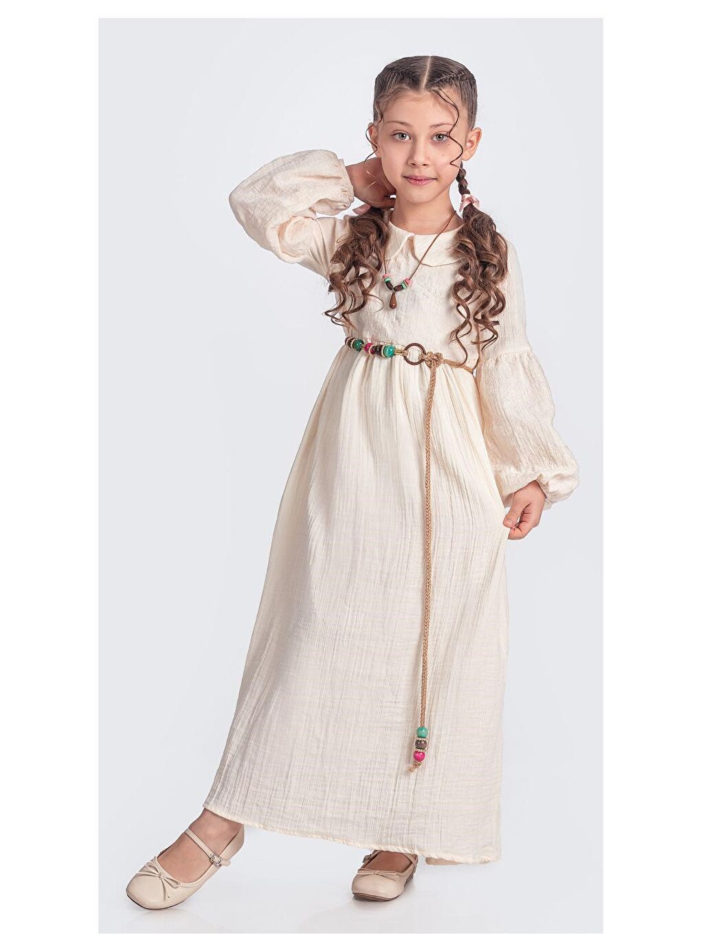 Ekru Müslin Kumaş Kız Çocuk Uzun Kol Elbise M00705-4