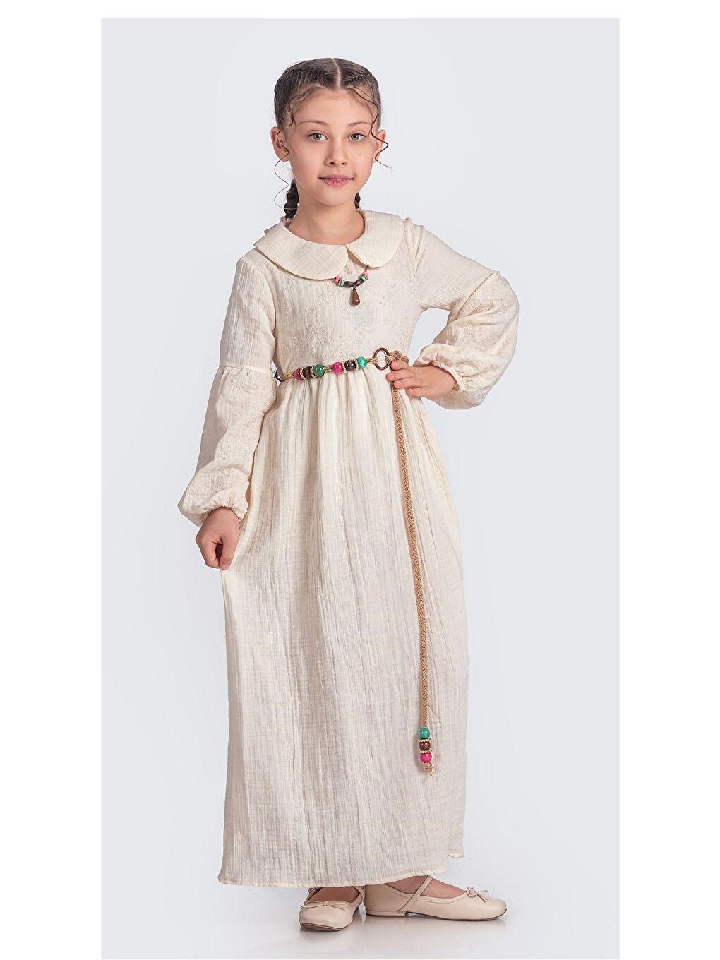 Ekru Müslin Kumaş Kız Çocuk Uzun Kol Elbise M00705-6