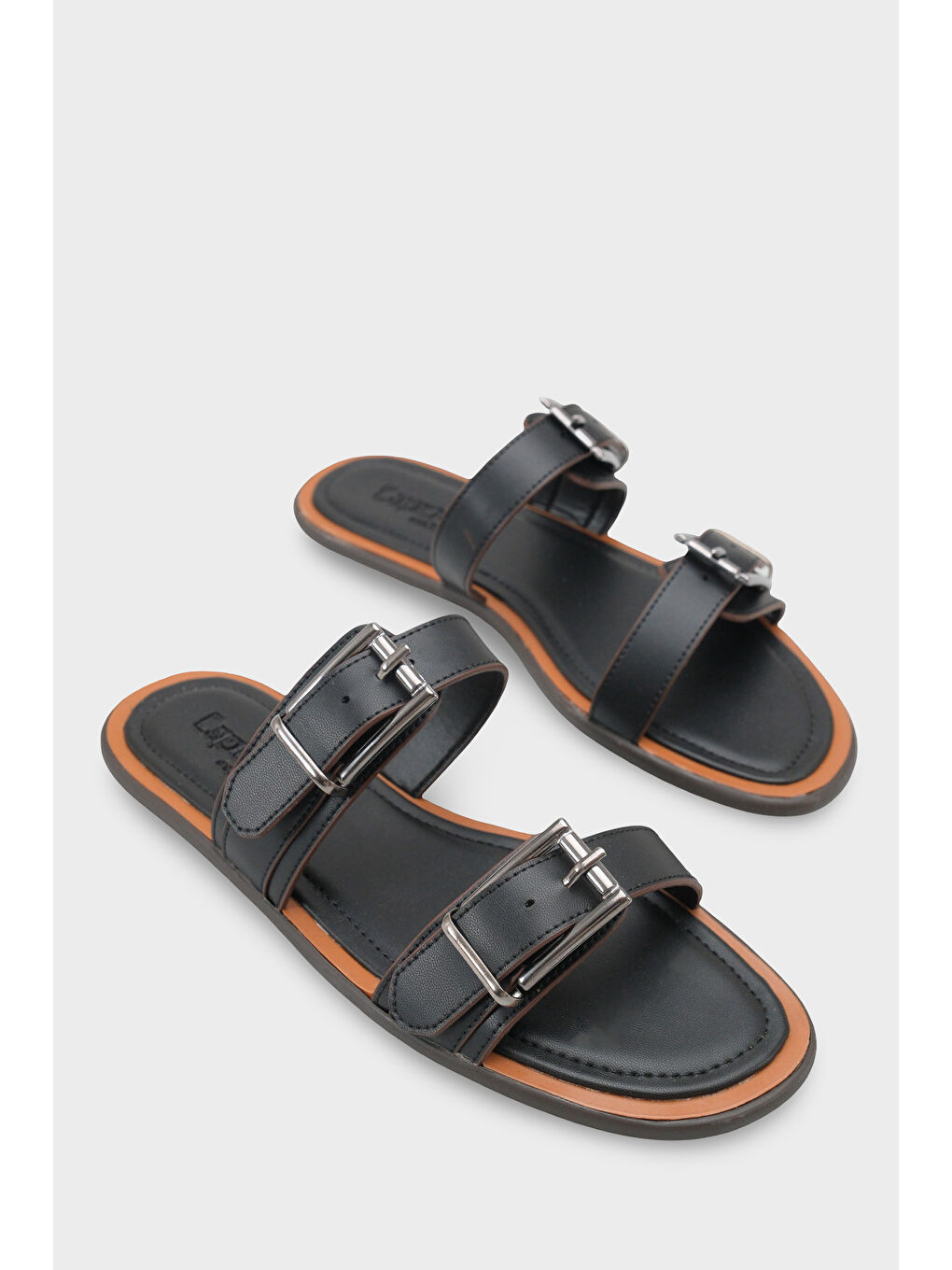 Siyah Madalyn Çift Tokalı Düz Topuklu Kadın Terlik Kadın Terlik-1