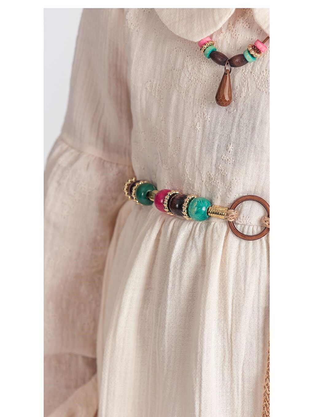 Ekru Müslin Kumaş Kız Çocuk Uzun Kol Elbise M00705-7