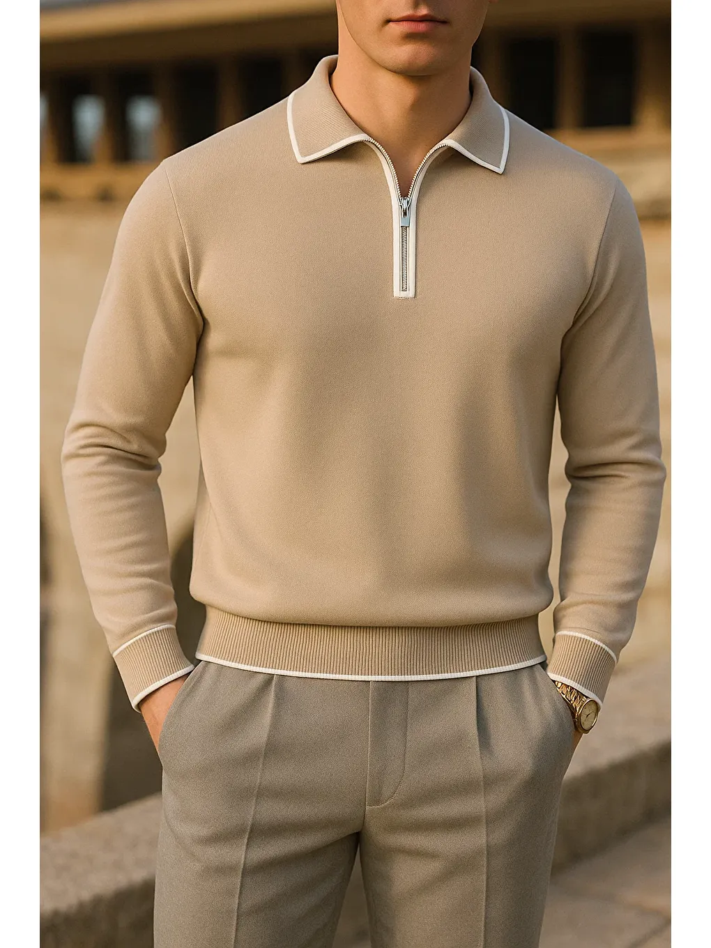 Erkek Çizgili Trend Uzun Kollu Bej Polo Yaka Kazak-1