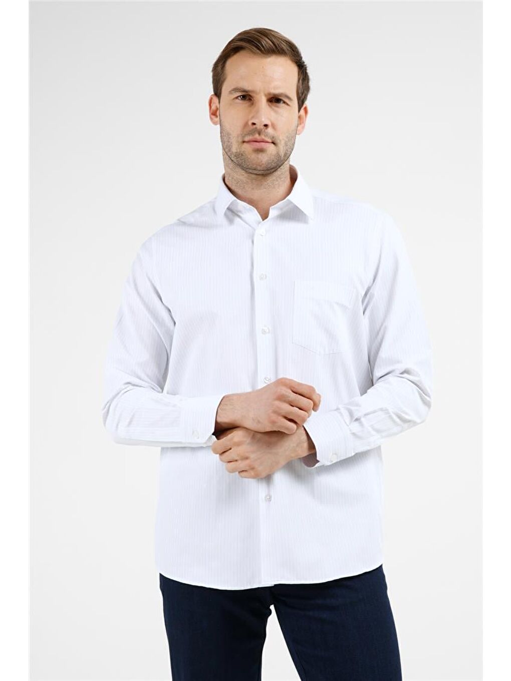 Beyaz - Mavi Çizgili Desen Sert Yaka Uzun Kol Cepli Comfort Fit Pamuklu Gömlek 1004255274-2