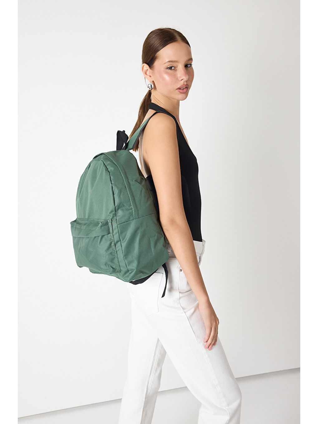 Unisex Haki Önü Fermuarlı İki Bölmeli Sırt Çantası-1