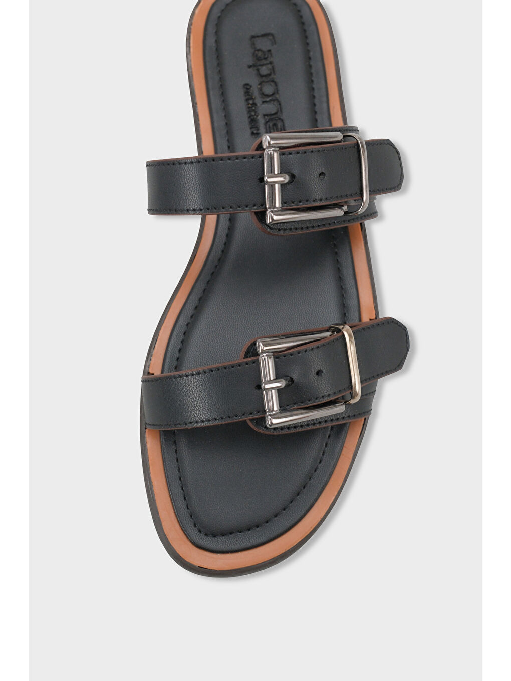 Siyah Madalyn Çift Tokalı Düz Topuklu Kadın Terlik Kadın Terlik-2