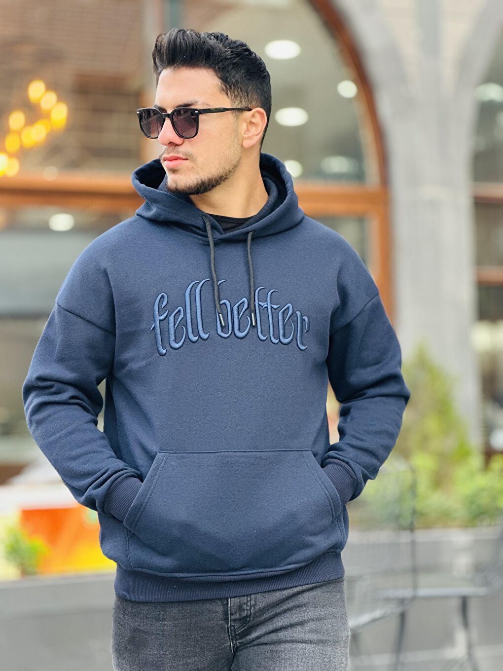 Miron Lacivert Fell Better Nakışlı Kapüşonlu Üç İplik Oversize Sweatshirt - 2