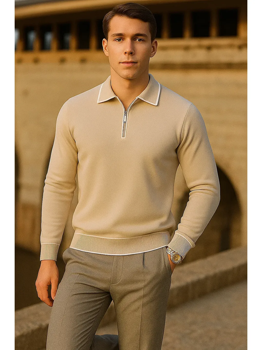 Erkek Çizgili Trend Uzun Kollu Bej Polo Yaka Kazak-2