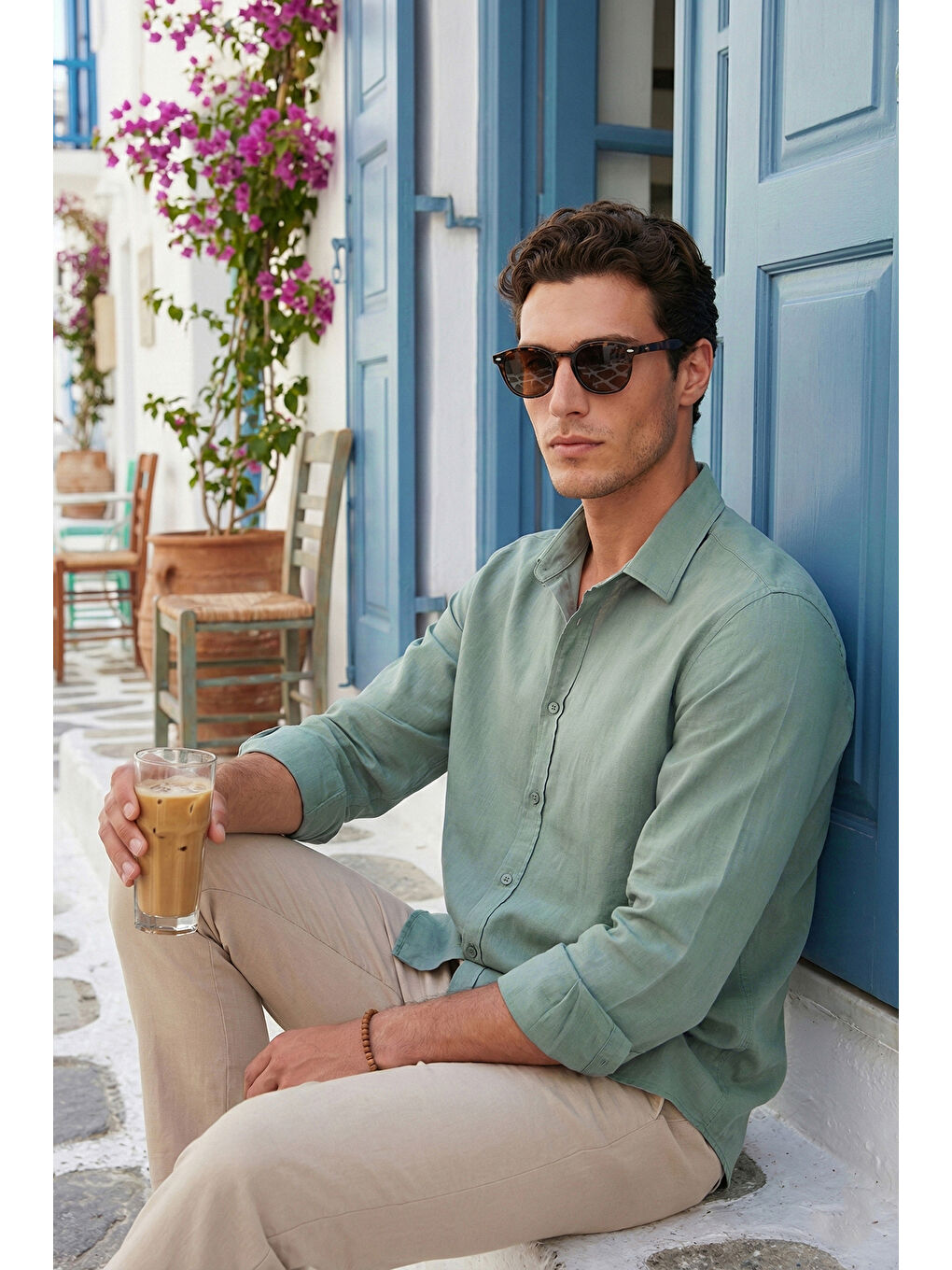 Haki Pamuk ve Keten Karışımlı Regular Fit Klasik Yaka Uzun Kollu Gömlek CF26S1210134