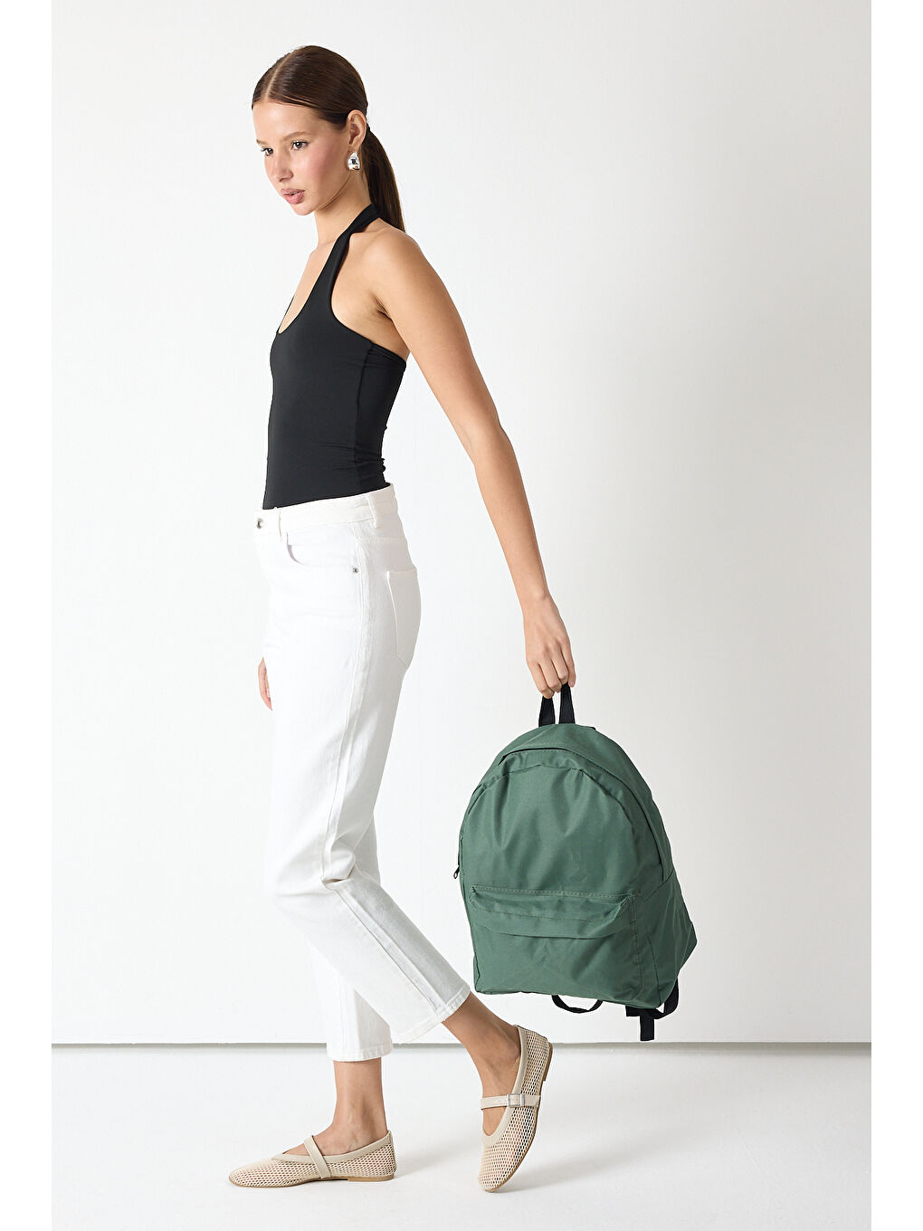 Unisex Haki Önü Fermuarlı İki Bölmeli Sırt Çantası-2