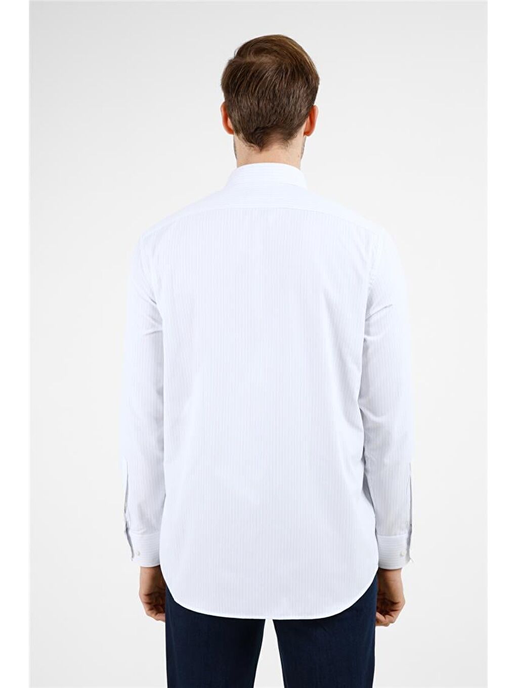 Beyaz - Mavi Çizgili Desen Sert Yaka Uzun Kol Cepli Comfort Fit Pamuklu Gömlek 1004255274-4