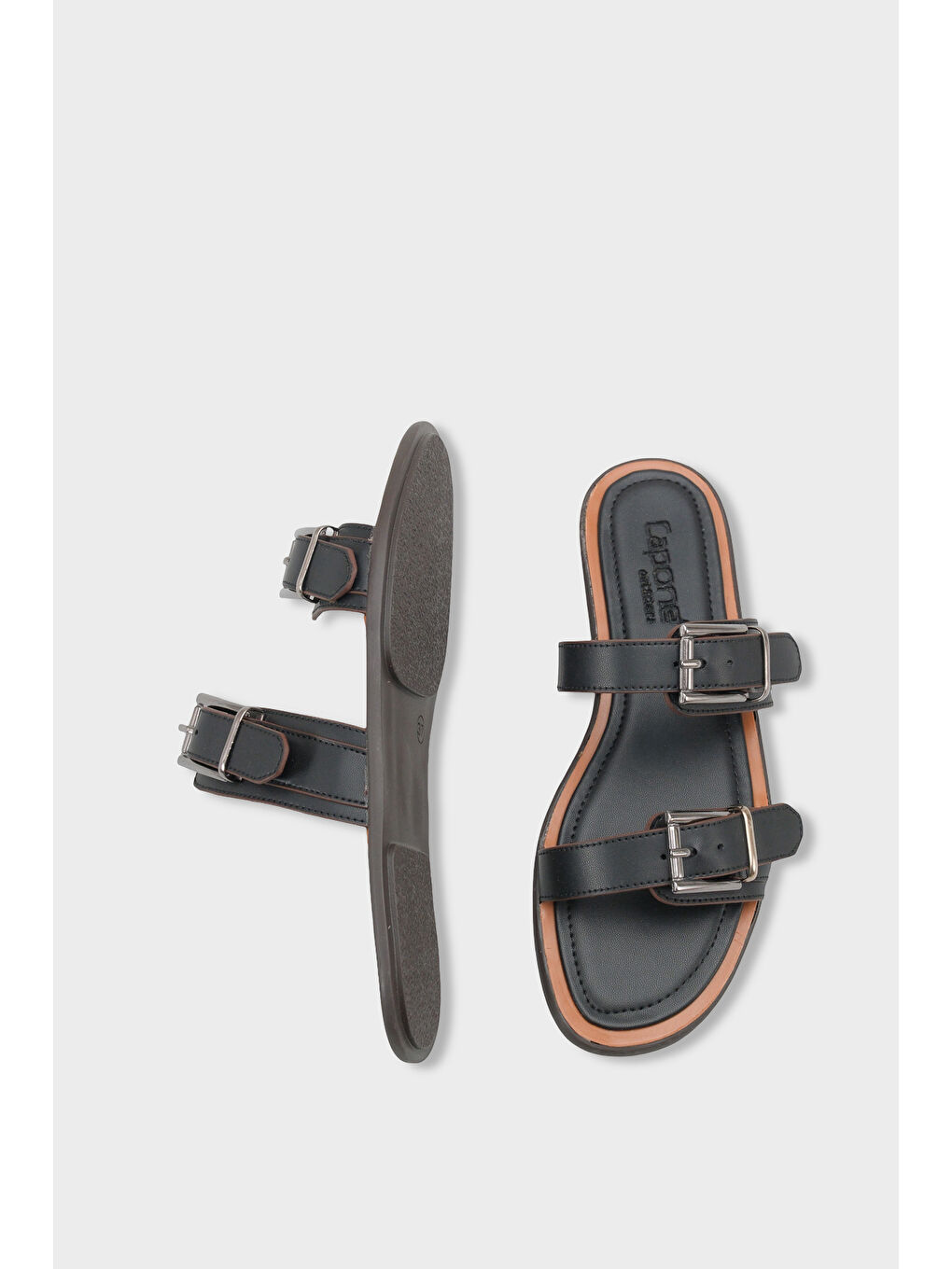 Siyah Madalyn Çift Tokalı Düz Topuklu Kadın Terlik Kadın Terlik-4