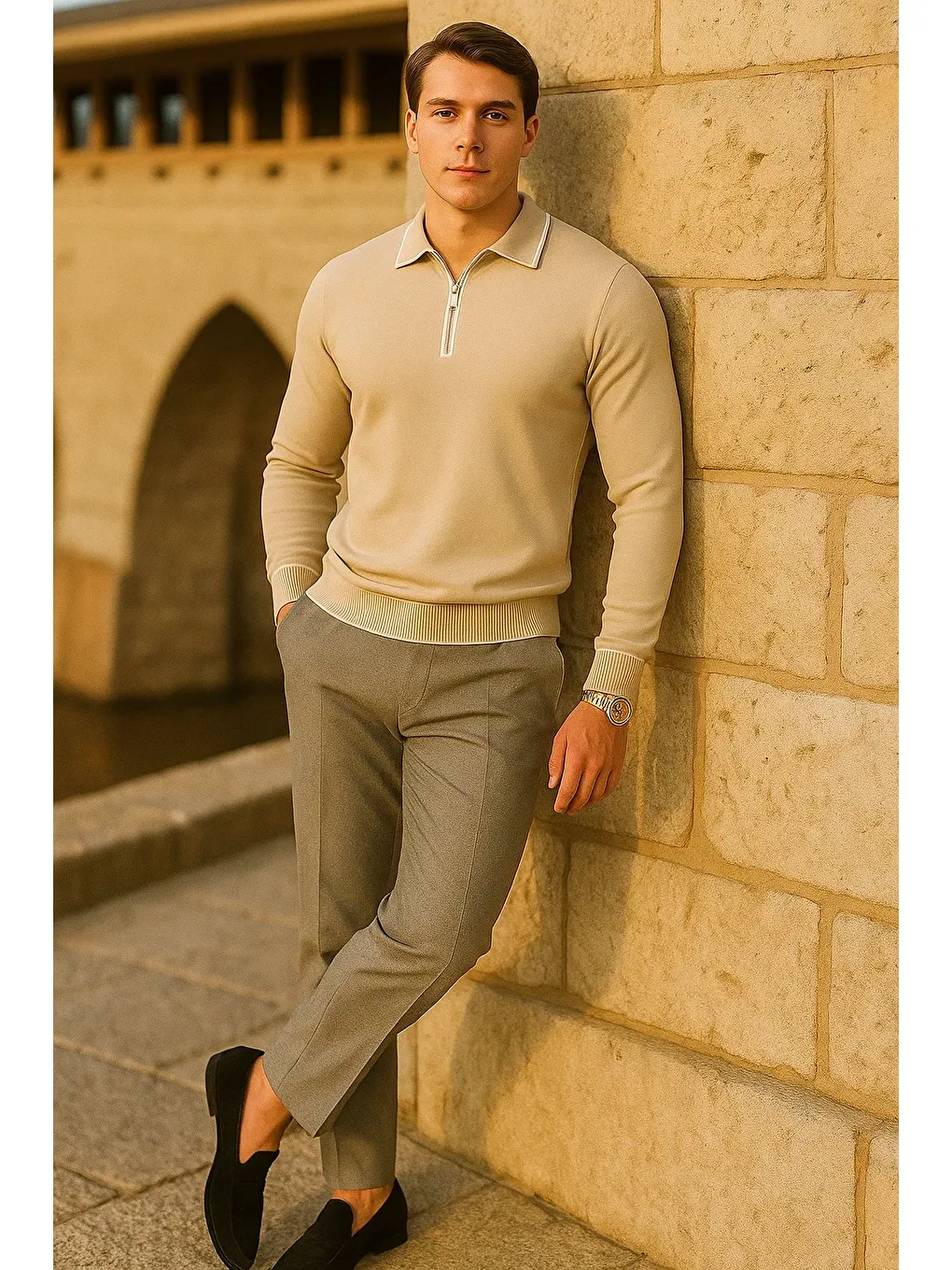 Erkek Çizgili Trend Uzun Kollu Bej Polo Yaka Kazak-3