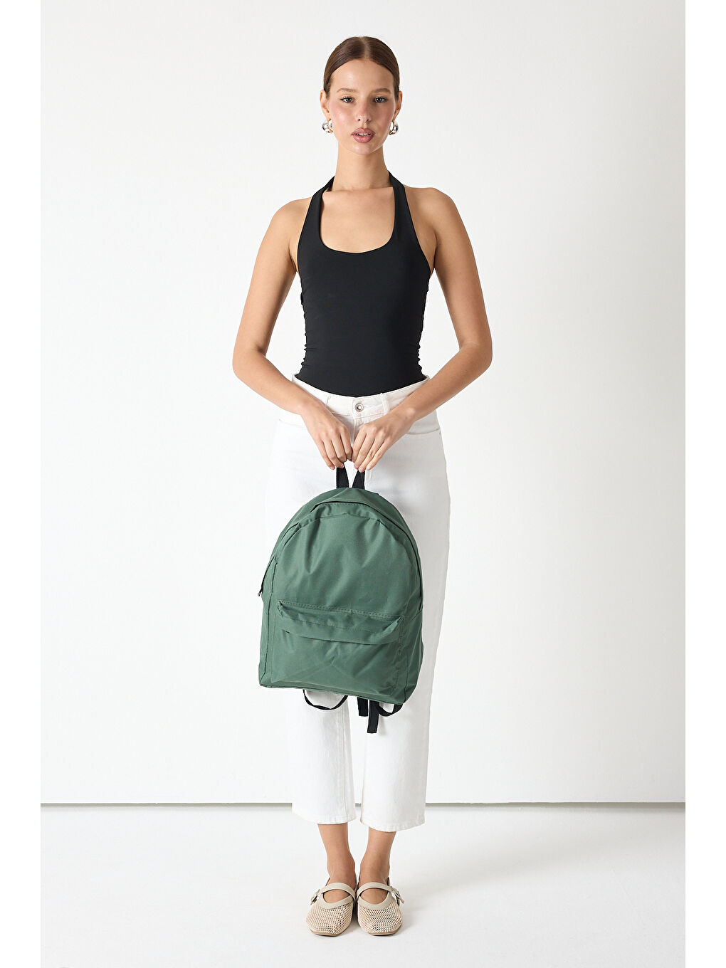 Unisex Haki Önü Fermuarlı İki Bölmeli Sırt Çantası-3