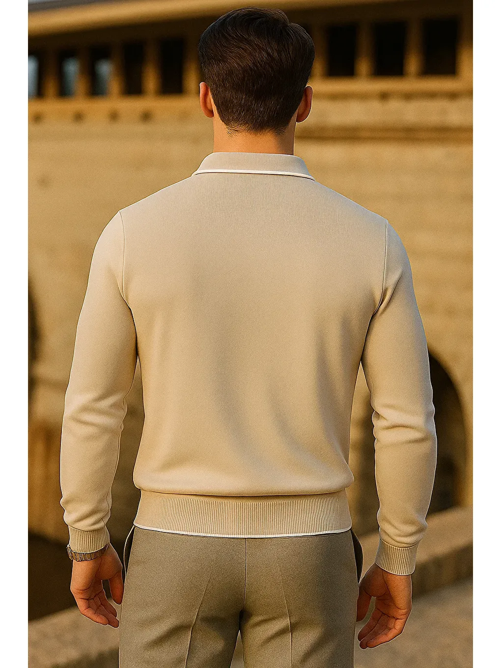 Erkek Çizgili Trend Uzun Kollu Bej Polo Yaka Kazak-4