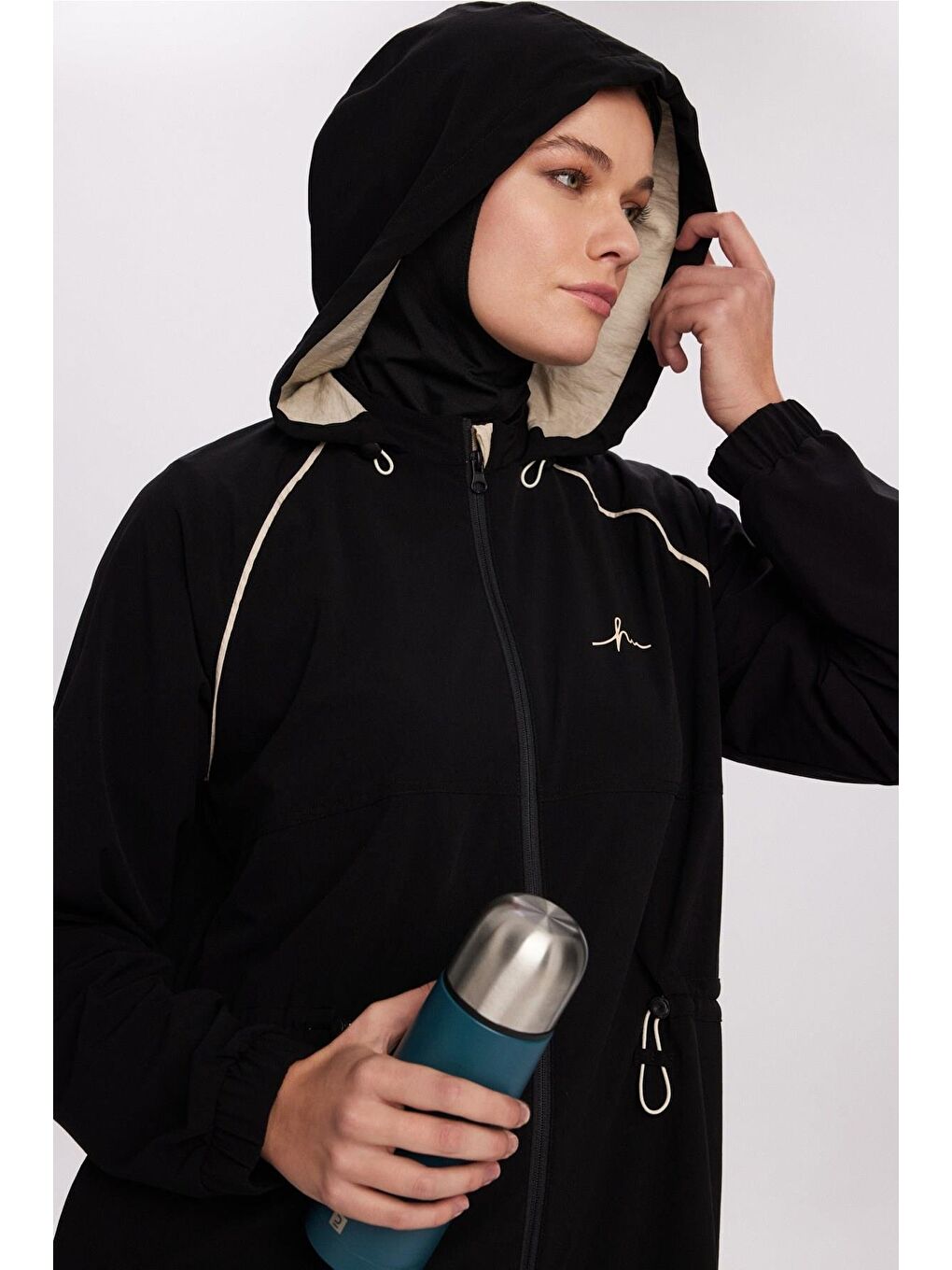 Active H-Per Fit Kapüşonlu Biye Detaylı Siyah Tesettür Yürüyüş Ceketi Act-37-3