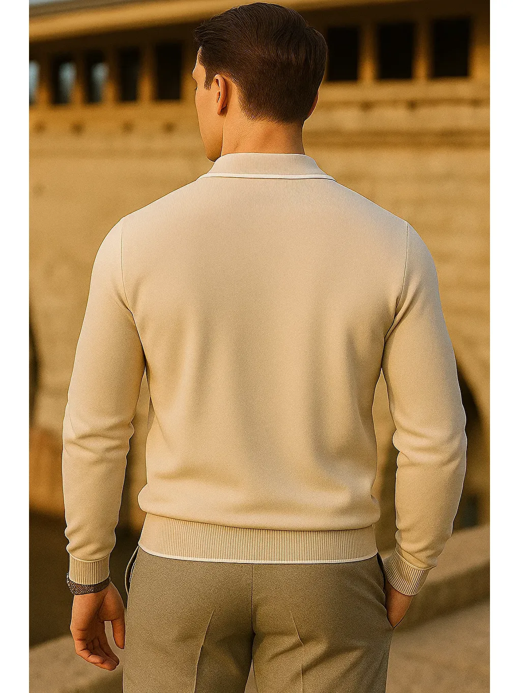 Erkek Çizgili Trend Uzun Kollu Bej Polo Yaka Kazak-5