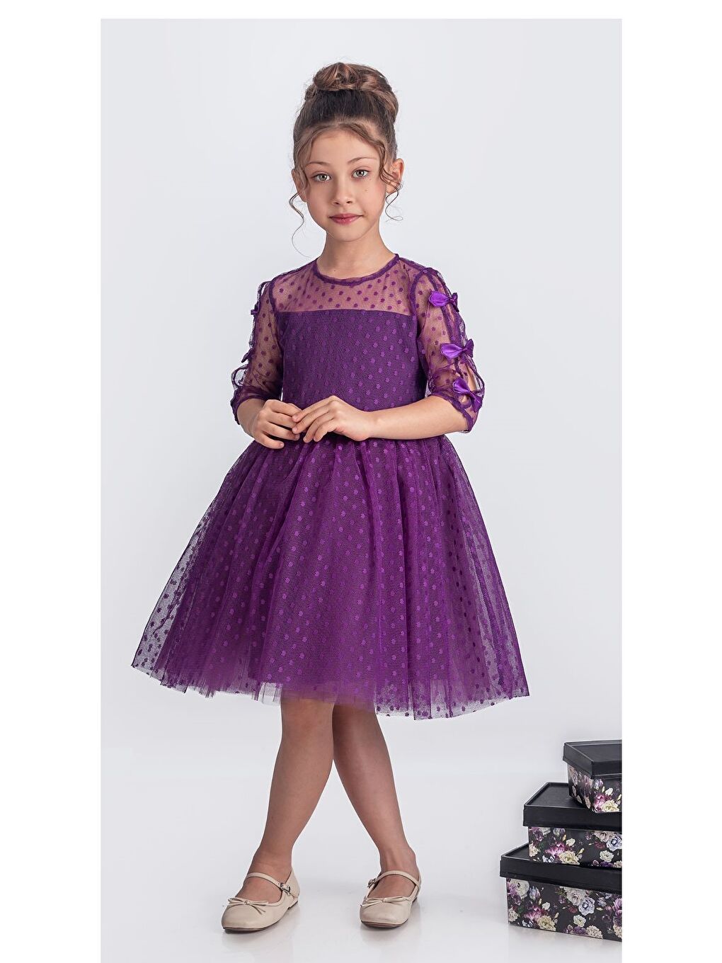 Mor Dantel Puanlı, Uzun Kol Prenses Kız Çocuk Elbise M00707-5