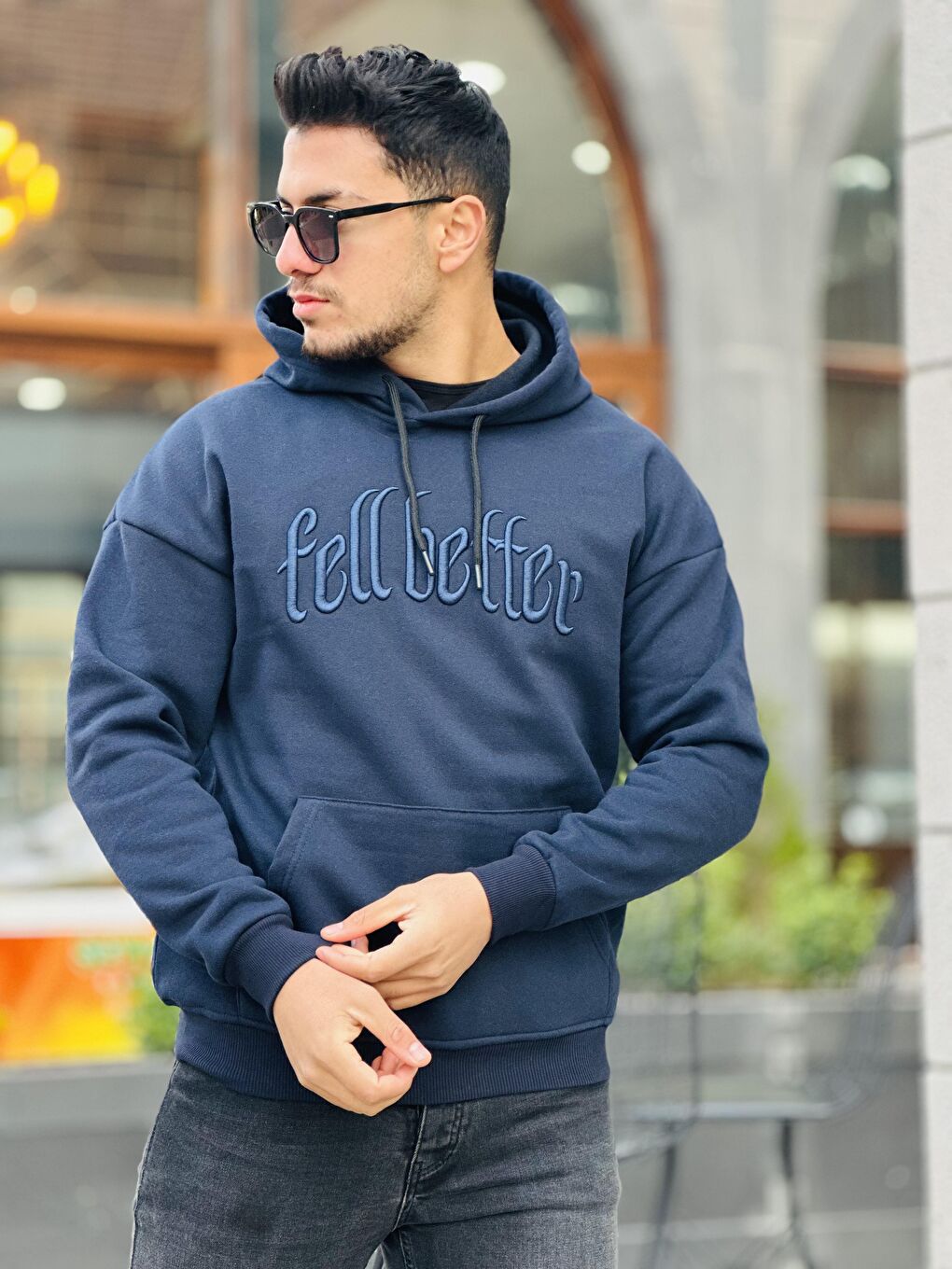 Miron Lacivert Fell Better Nakışlı Kapüşonlu Üç İplik Oversize Sweatshirt - 3