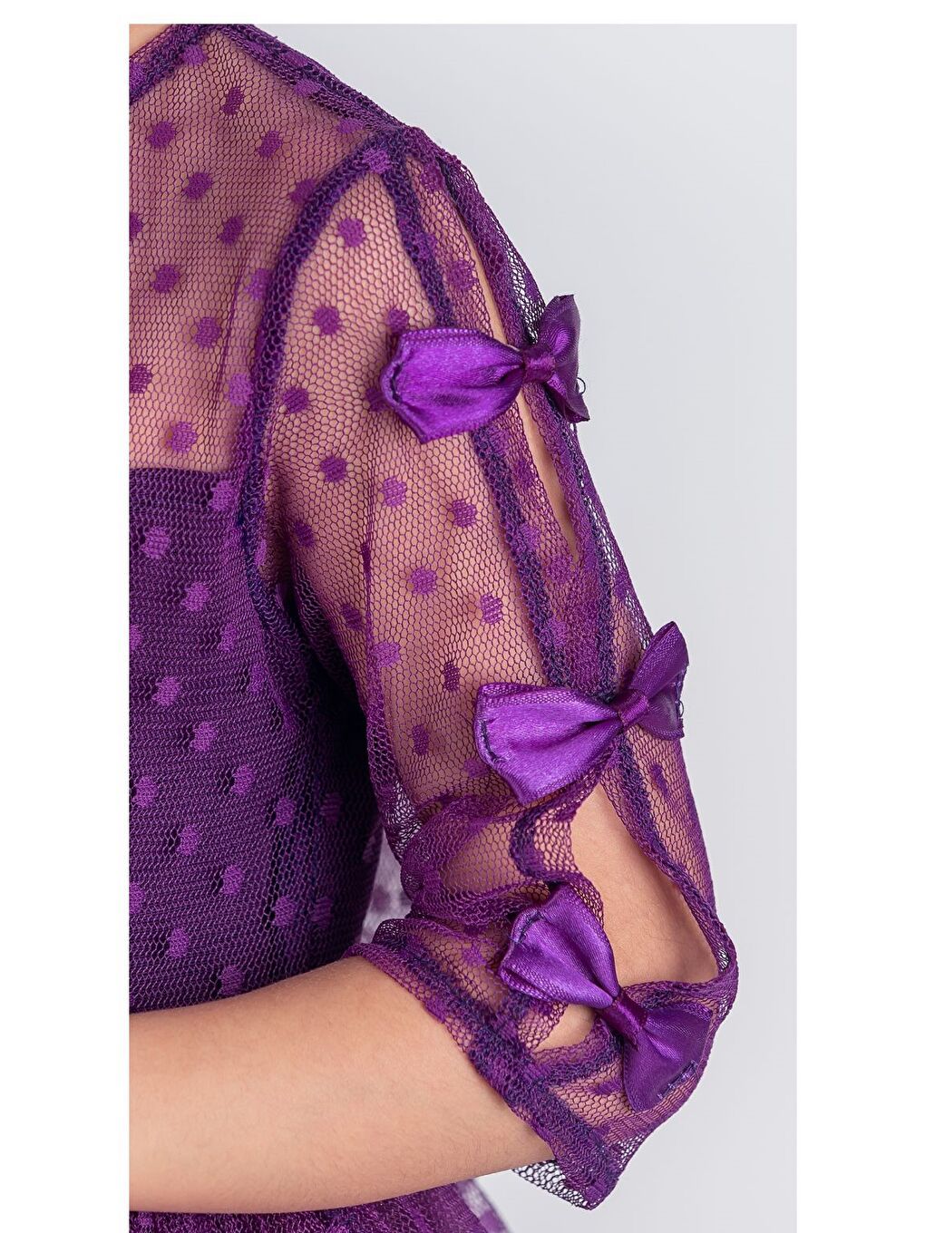 Mor Dantel Puanlı, Uzun Kol Prenses Kız Çocuk Elbise M00707-8