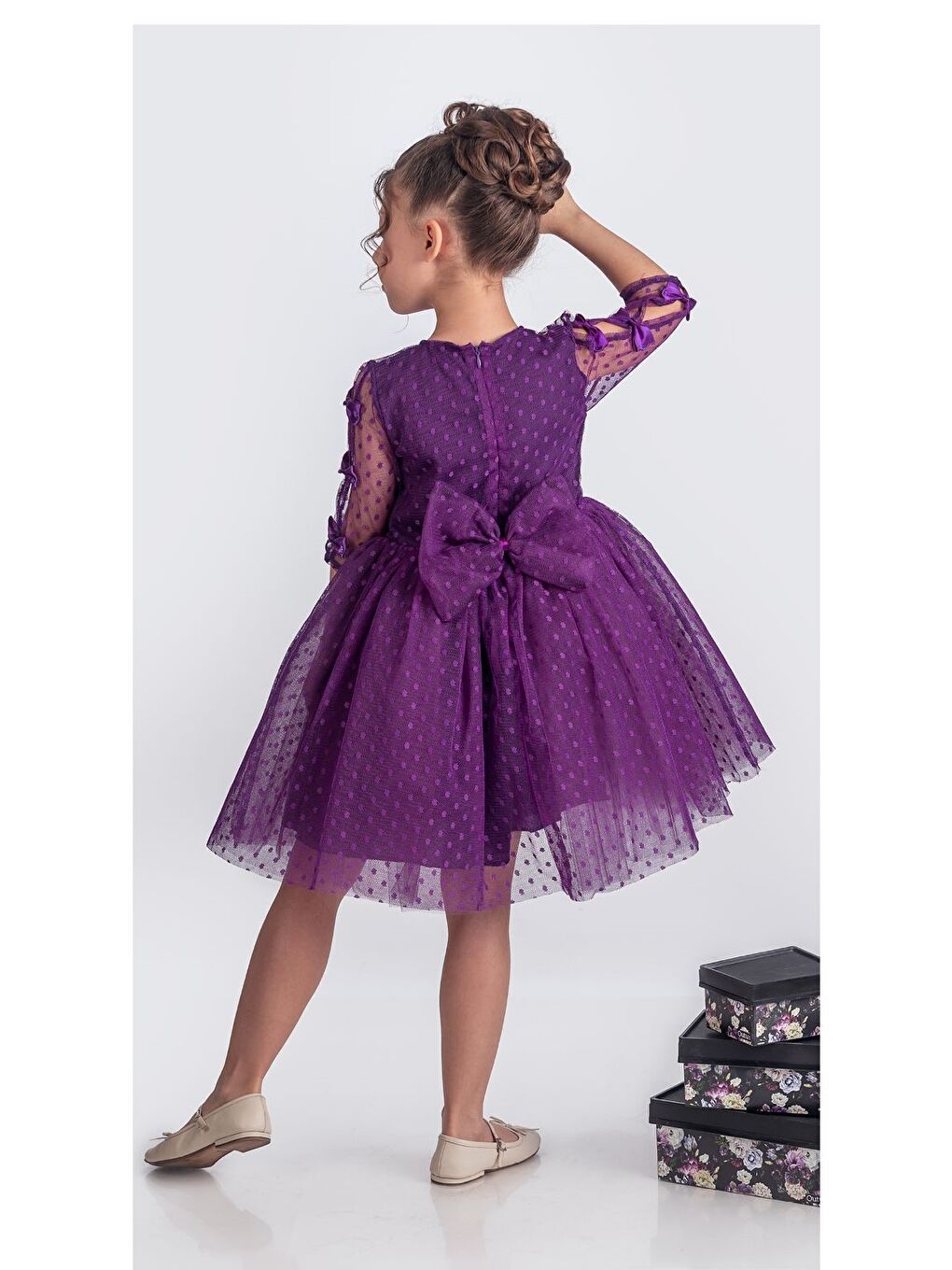 Mor Dantel Puanlı, Uzun Kol Prenses Kız Çocuk Elbise M00707-9