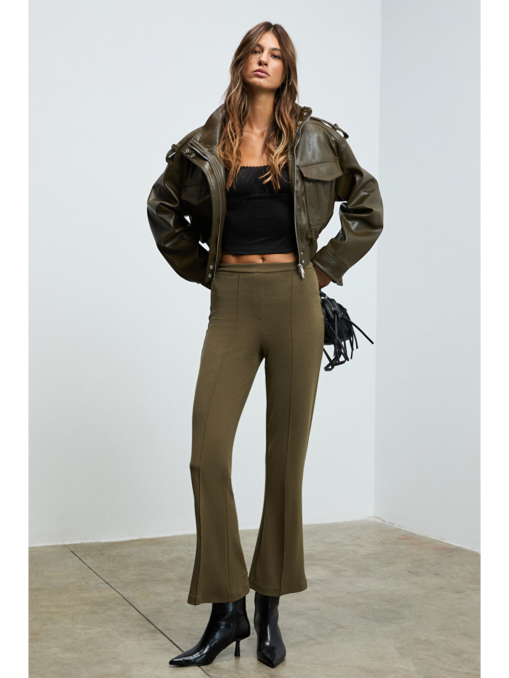 Kalyysıa Kadın Yüksek Bel Geniş Paçalı Slim Fit Haki Pantolon