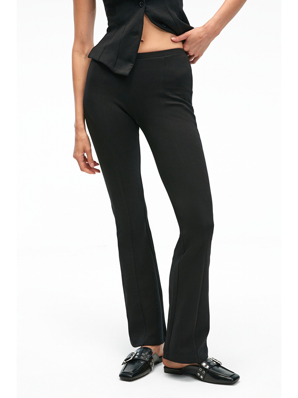 Kalyysıa Kadın Yüksek Bel Geniş Paçalı Slim Fit Siyah Pantolon-1