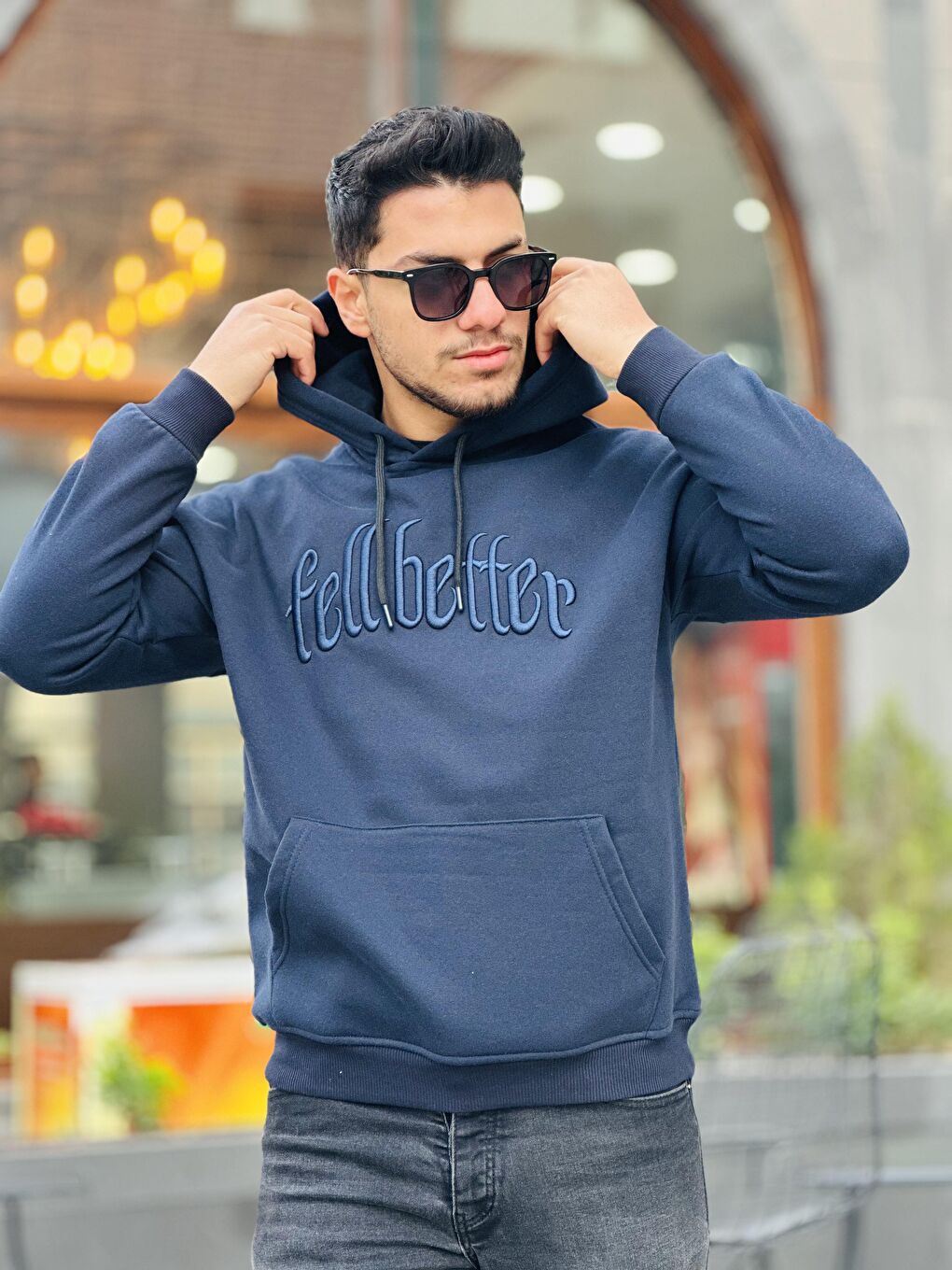 Miron Lacivert Fell Better Nakışlı Kapüşonlu Üç İplik Oversize Sweatshirt - 4