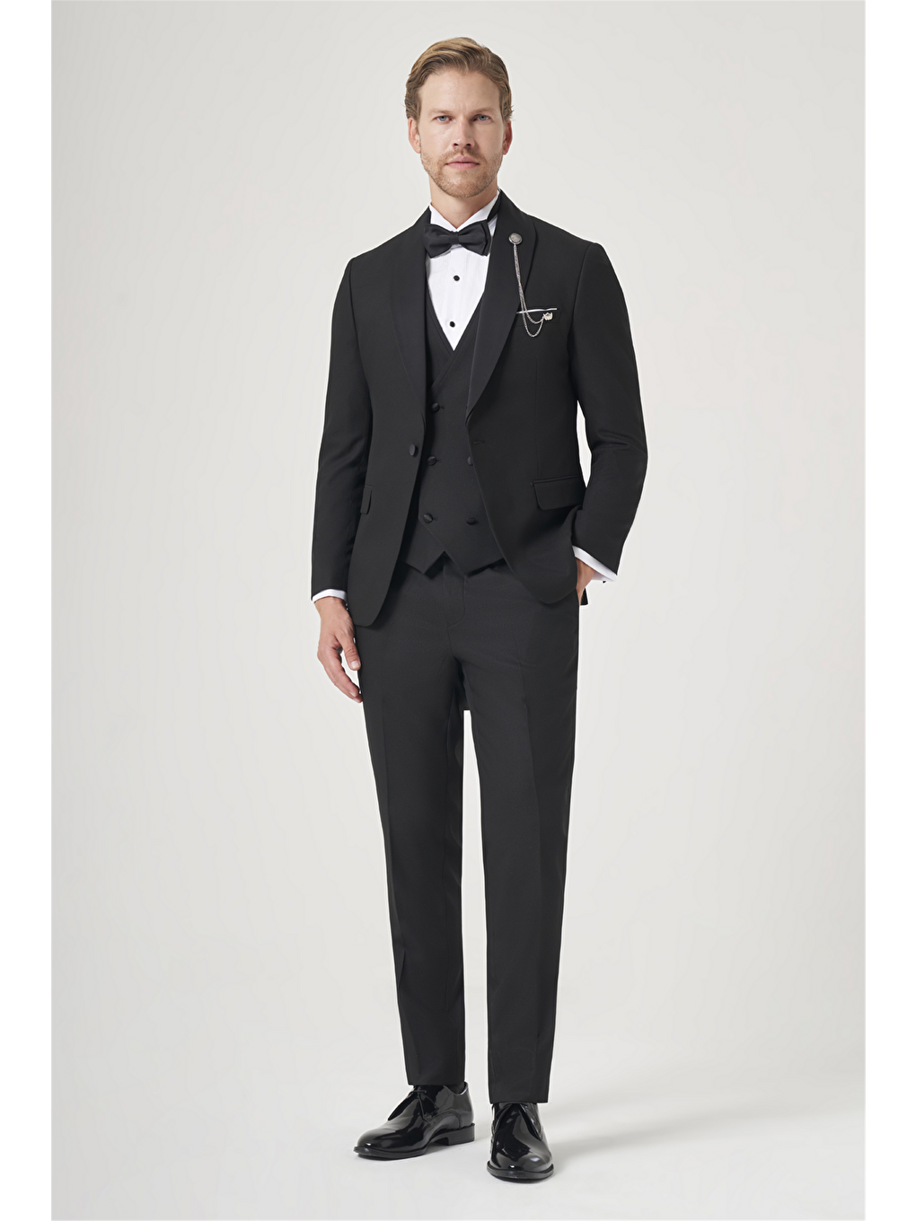Siyah Kırlangıç Yaka Düz Desen 6 Drop Slim Fit Yelekli Damatlık Takım Elbise 1001260206