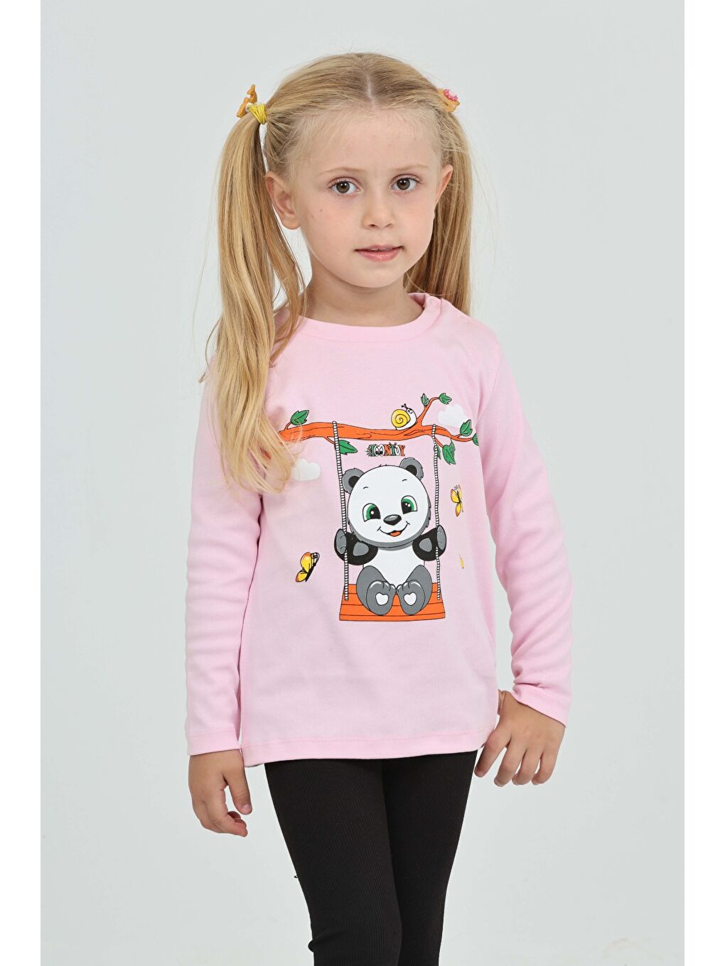 Pembe Kız Çocuk Sallanan Panda Baskılı Sweatshirt