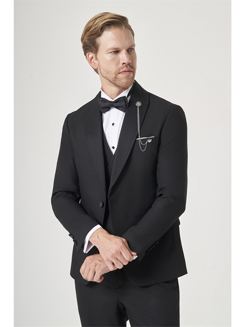 Siyah Kırlangıç Yaka Düz Desen 6 Drop Slim Fit Yelekli Damatlık Takım Elbise 1001260206-1